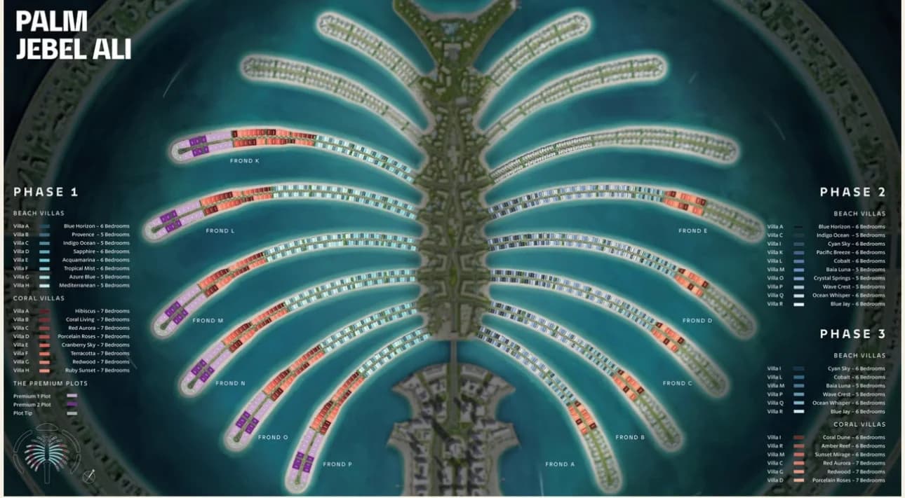 Masterplan von Palm Jebel Ali mit den Villenstilen nach Wedel über die Phasen 1, 2 und 3