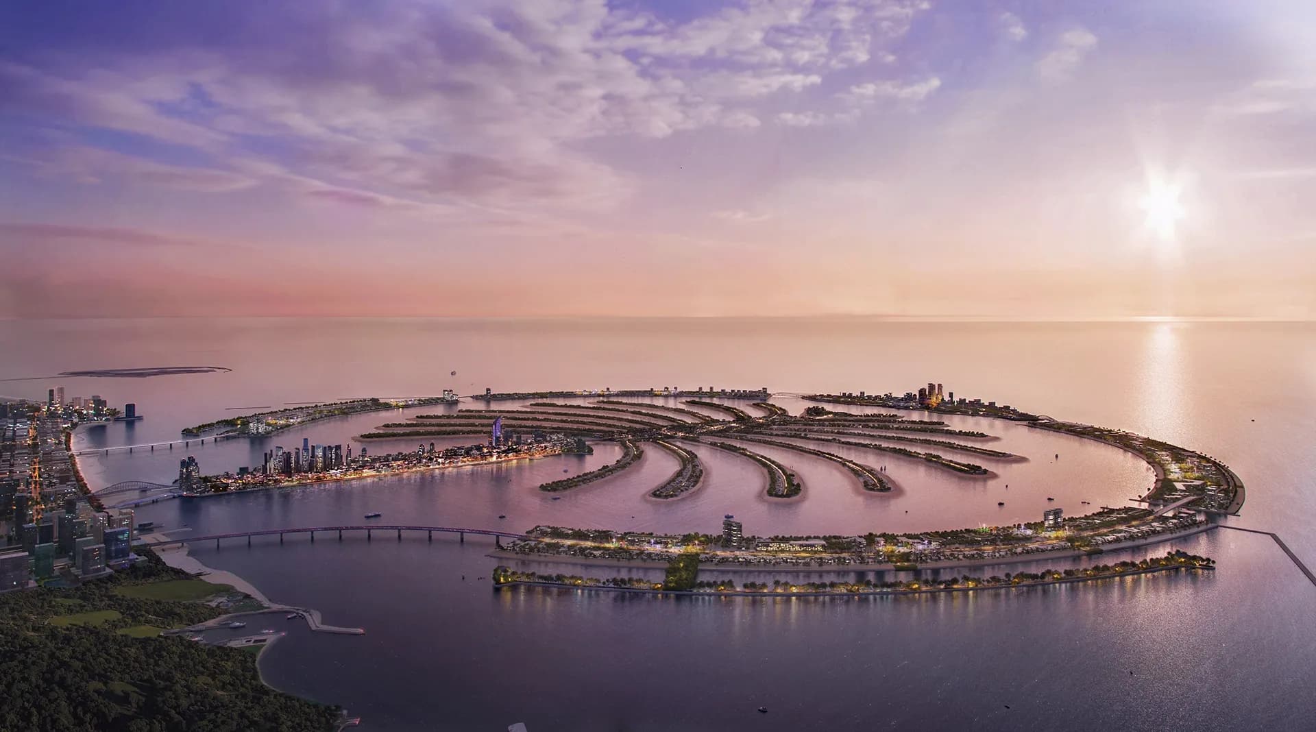 Rendering aereo del masterplan di Palm Jebel Ali con le 16 fronde